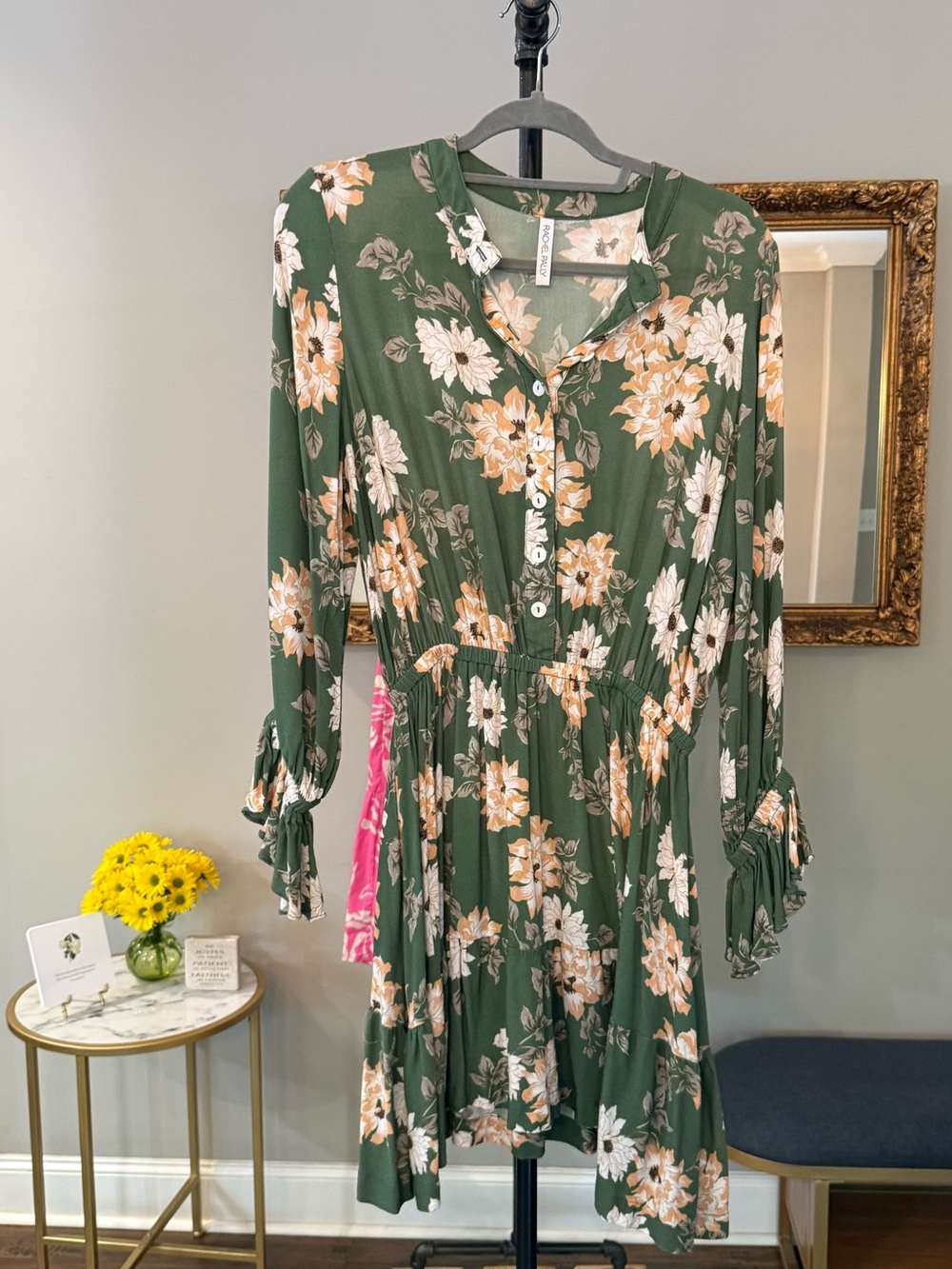 Rachel Pally Olive Green Floral Henley Style Long Sleeve Gathered Waist Dress